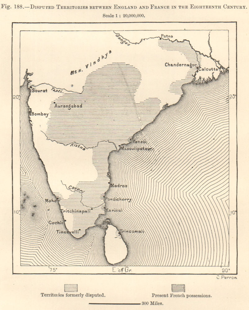 India. England & France disputed territories 18th century. Sketch map 1885